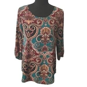 Peach‎ Love California Paisley Print Tunic Top Small 3/4 Sleeve Boho Stretch USA